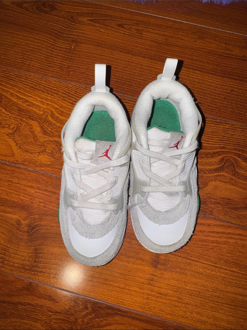 Kids White and Green Athletic Sneakers with Red Accent
